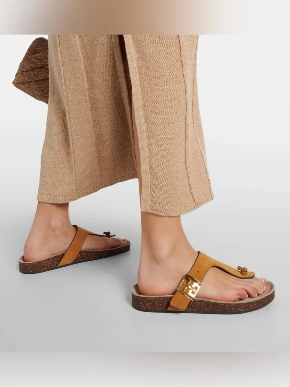 Tory Burch Mellow Thing Suede Cork Toe-Post Sandals Logo Plaque Cognac Tan 8.5
